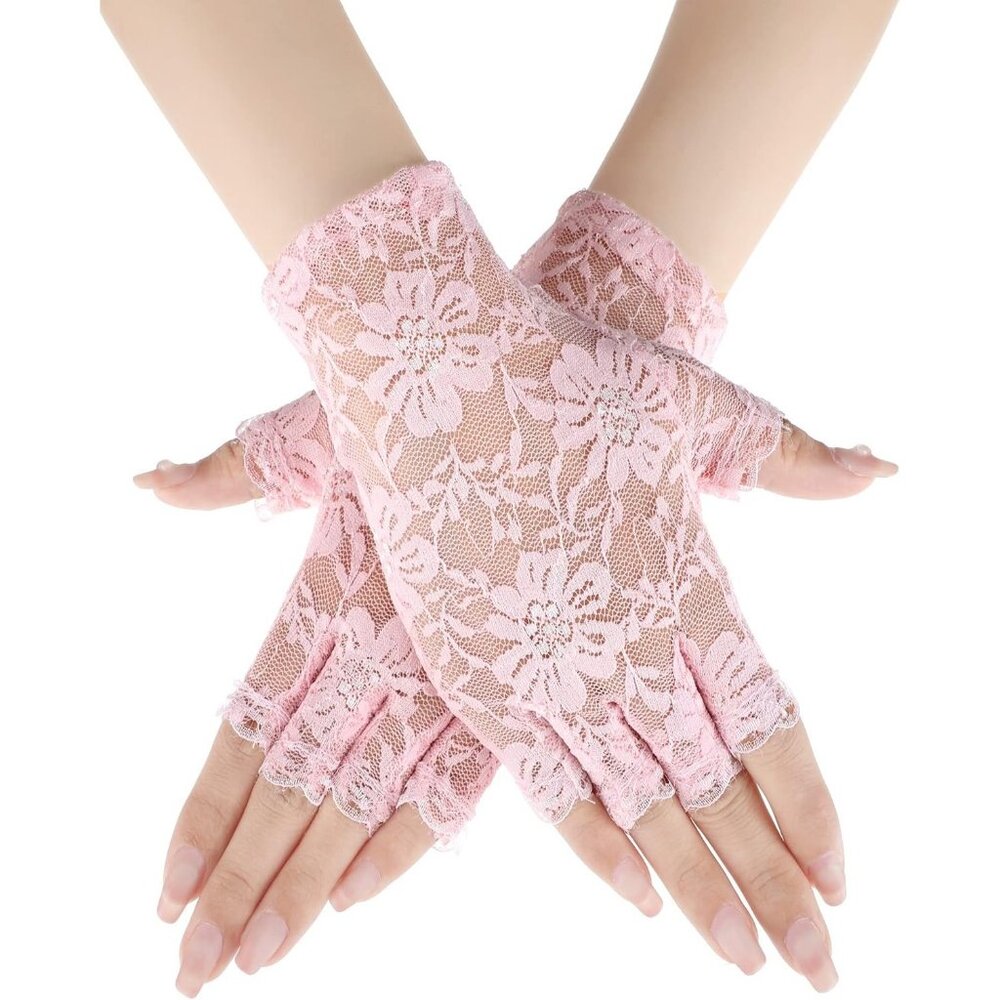 Women's Pink Floral Short Lace Gloves Sunblock Fingerless Bridal Opera Party